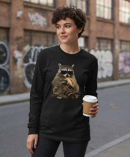 Raccoon Eating Taco Funny Animal Lovers Long Sleeve Tee - lifestyle model mockup - Black