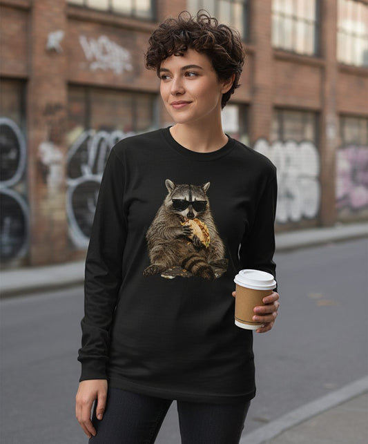 Raccoon Eating Taco Funny Animal Lovers Long Sleeve Tee - lifestyle model mockup - Black