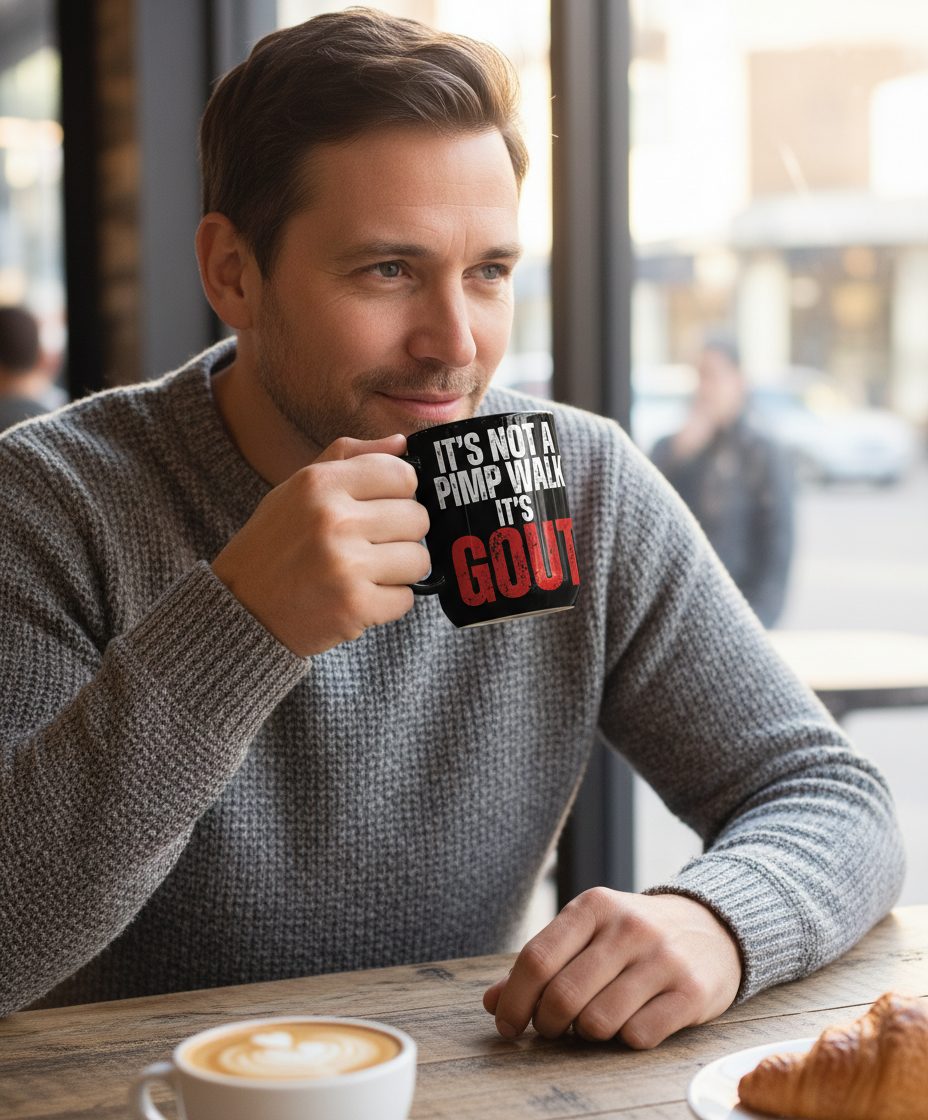 It's Not a Pimp Walk It's Gout Funny People Black Mug - lifestyle model mockup - Black