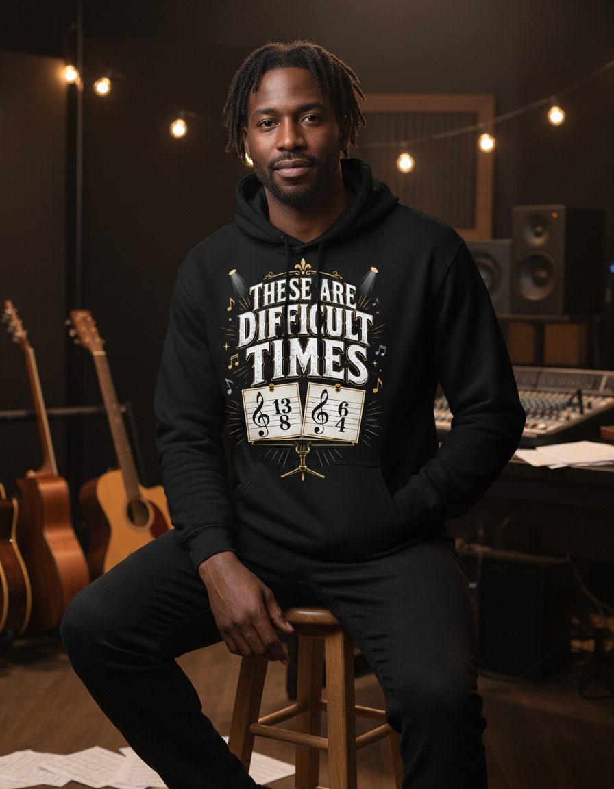 THESE ARE Difficult TIMES Funny Music Humor Hoodie - lifestyle model mockup - Black