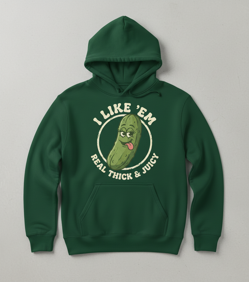 Funny Pickle 'I Like 'Em Real Thick & Juicy' Retro Design Hoodie - Forest Green