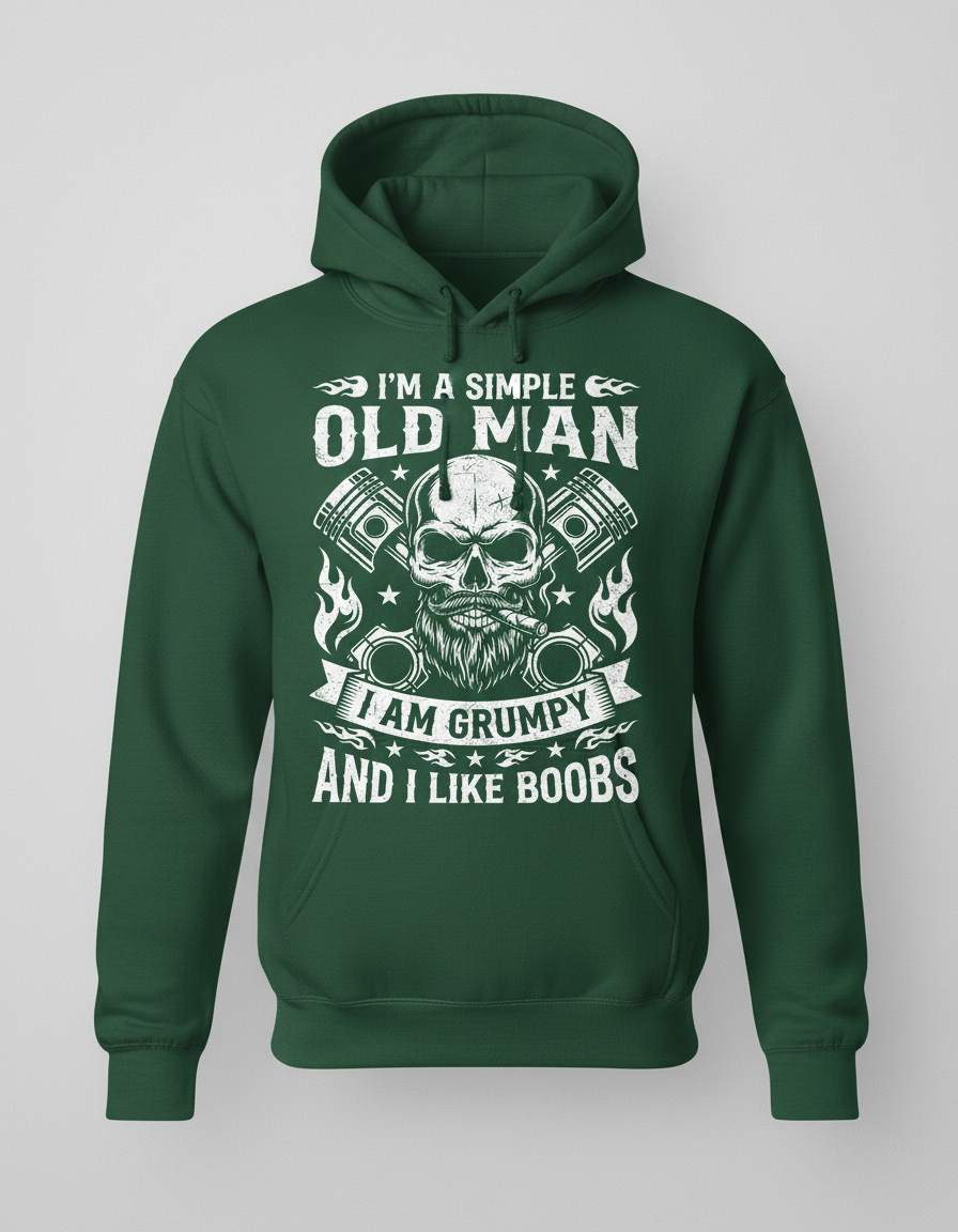 Grumpy Old Man Biker Skull and Pistons Funny Quote Hoodie - Forest Green