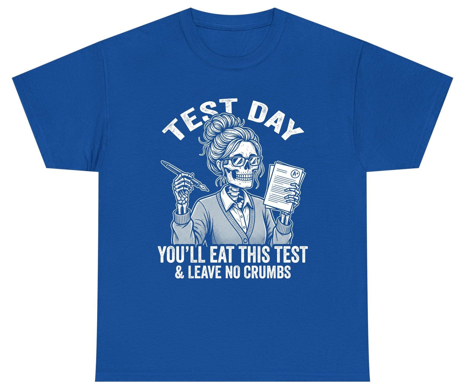 You'll Eat This Test & Leave No Crumbs Funny Day Youth T-Shirt - product mockup - Royal