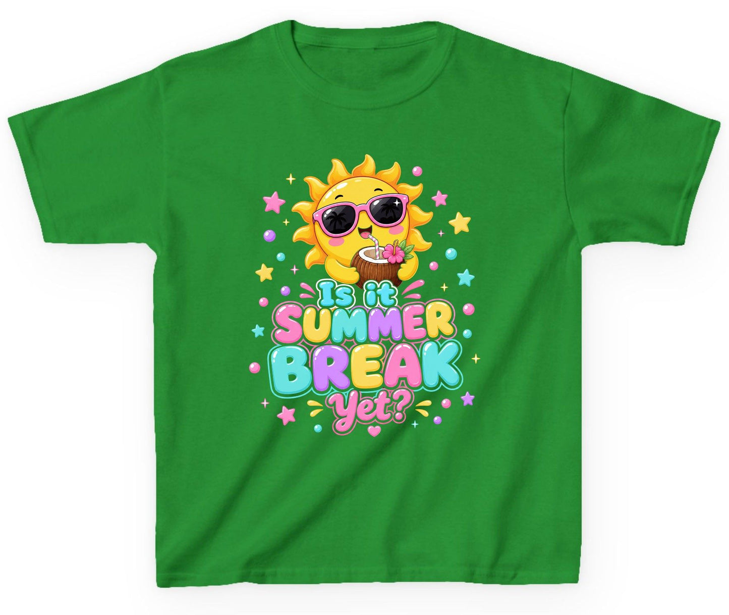 Is It SUMMER BREAK Yet Funny Vacation Youth T-Shirt - product mockup - Irish Green