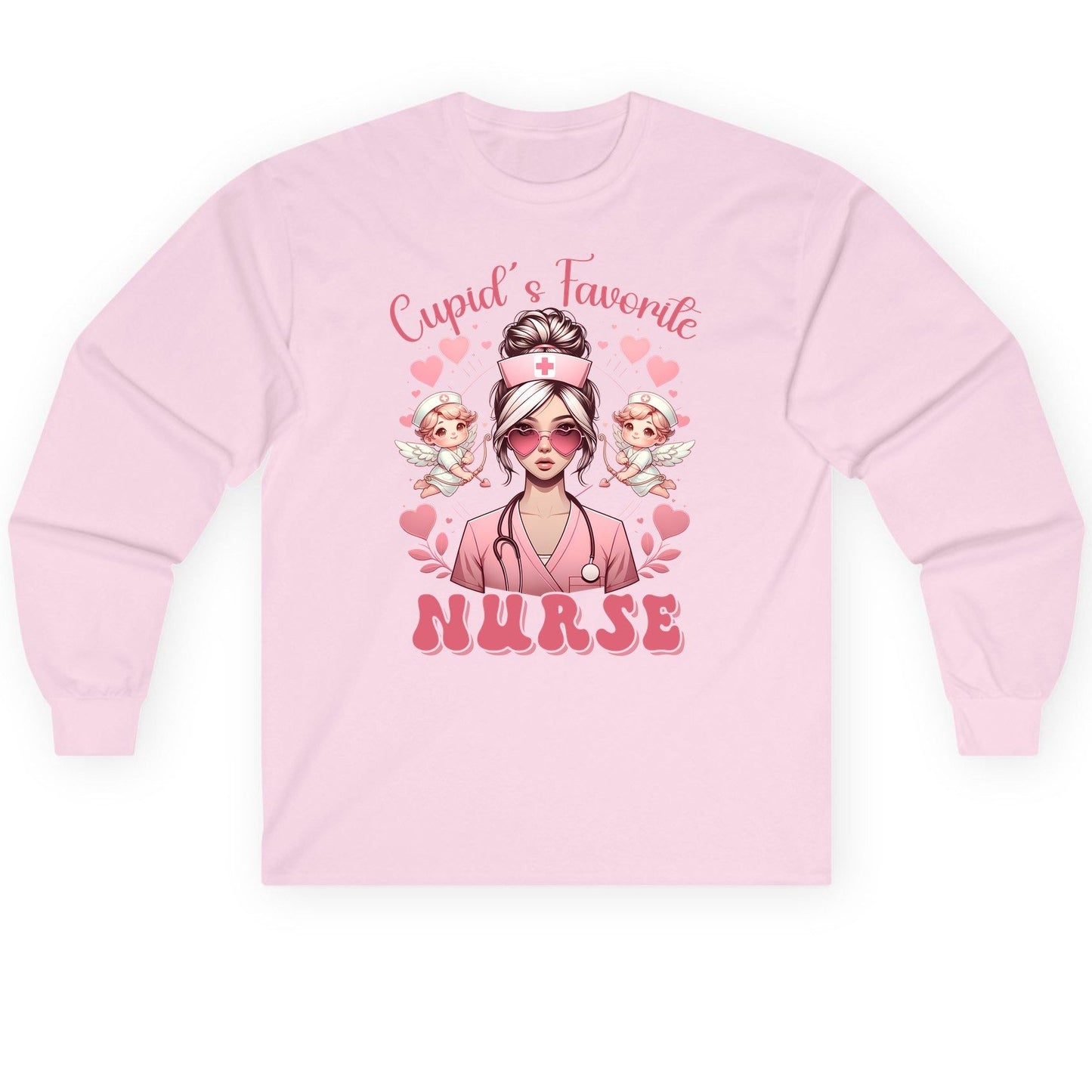 Cupid's Favorite Nurse nurse Long Sleeve Tee Light Pink product mockup