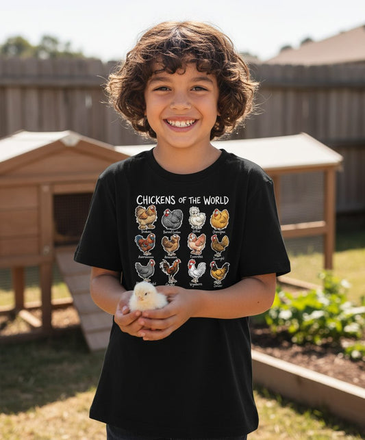 Chickens of the World chicken breeds Youth T-Shirt Black lifestyle mockup