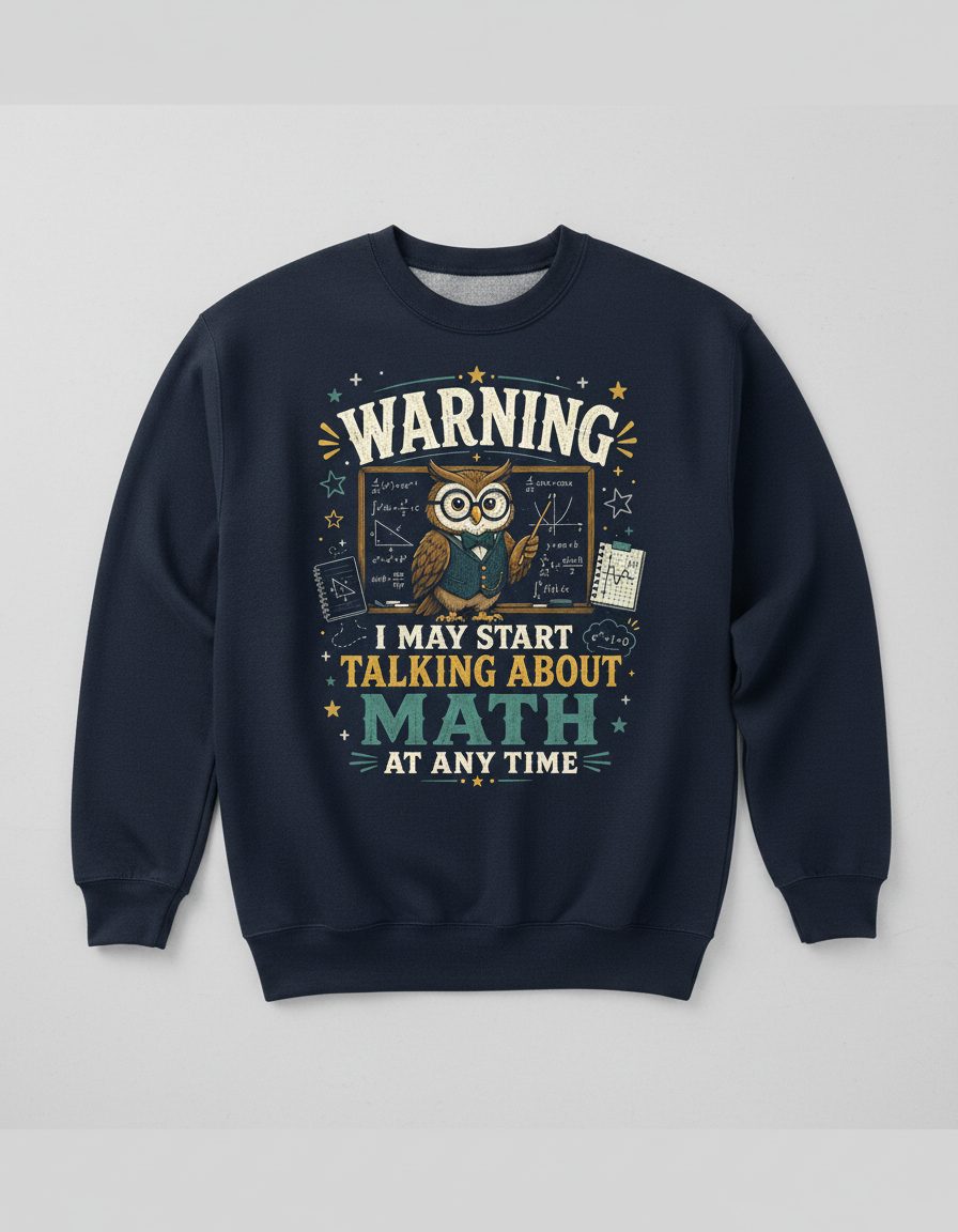 Warning I May Start Talking About Math at Any Time Funny Teachers Sweatshirt - product mockup - Navy