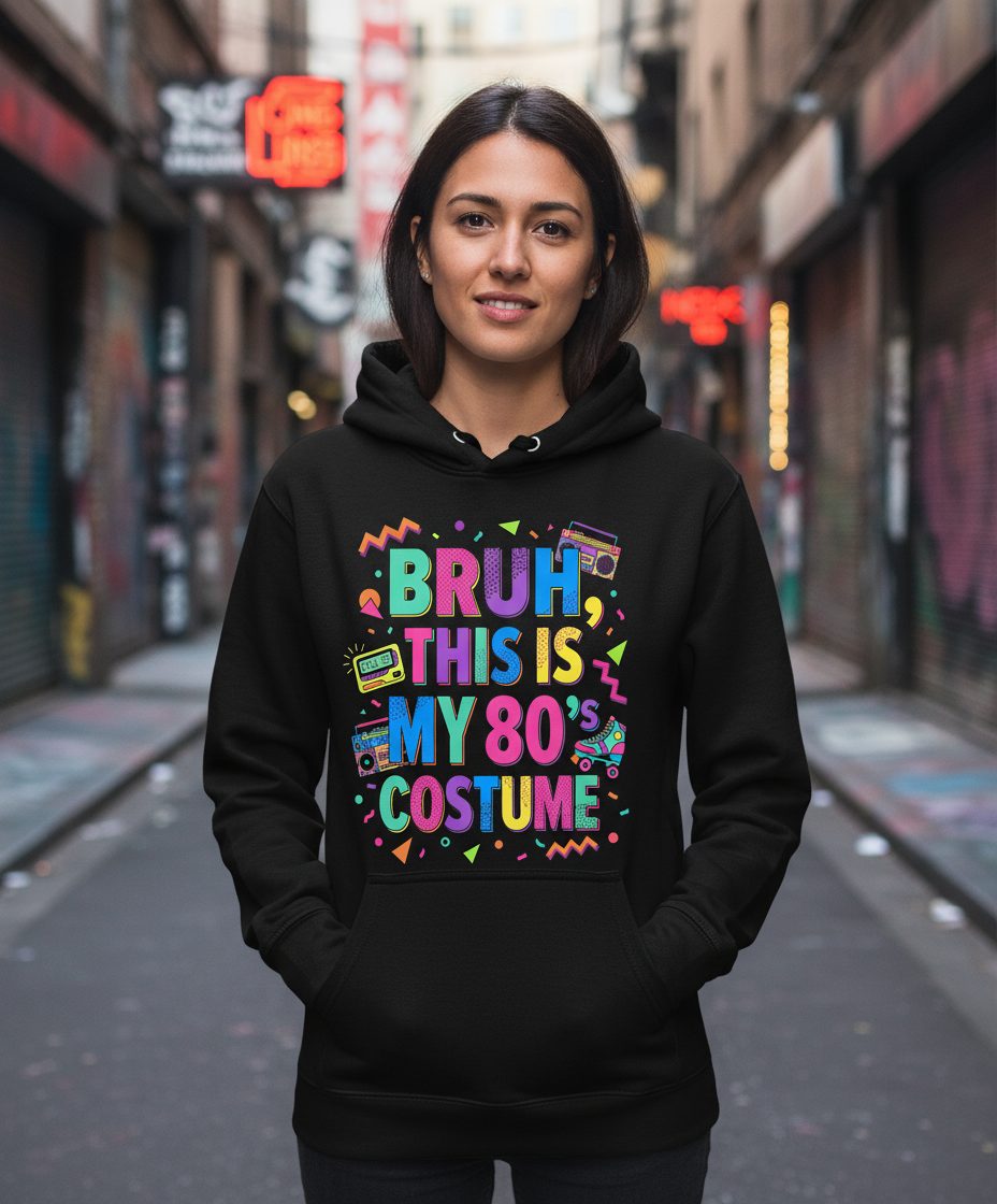 BRUH THIS IS MY 80's COSTUME 80s Retro Theme Hoodie Black lifestyle mockup