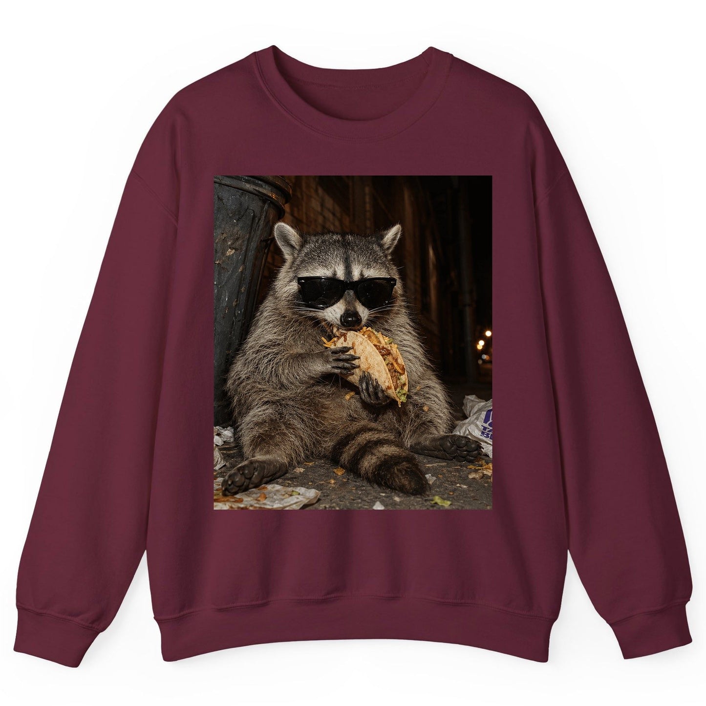 Raccoon Eating Taco Funny Animal Lovers Sweatshirt - product mockup - Maroon