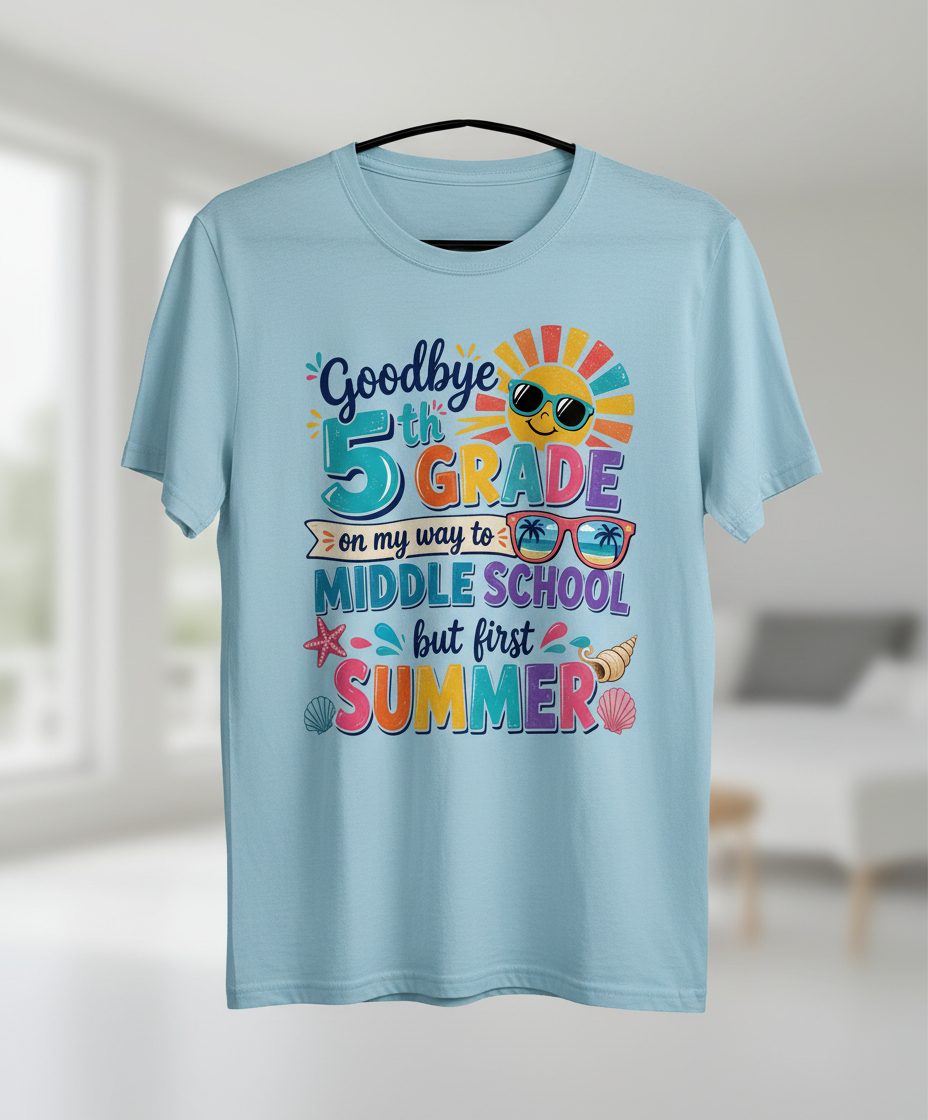 Goodbye 5th GRADE on My Way to MIDDLE SCHOOL but First SUMMER T-Shirt - product mockup - Light Blue