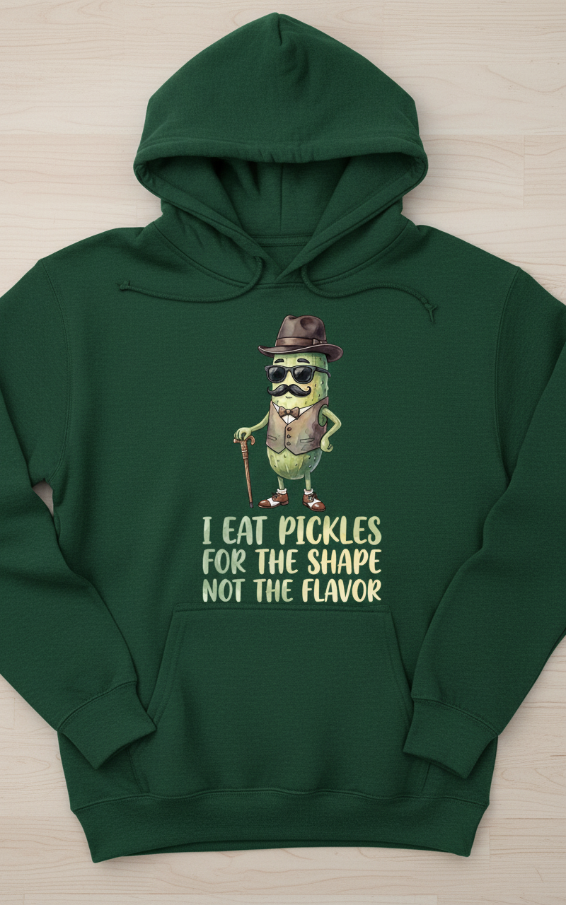 Funny Dapper Pickle 'I Eat Pickles For The Shape' Quote Hoodie - Forest Green