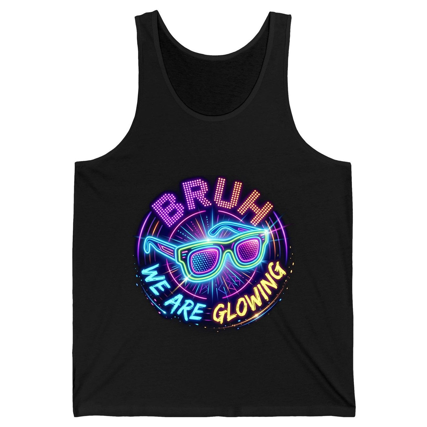 BRUH WE ARE GLOWING Neon Party Tank Top Black product mockup