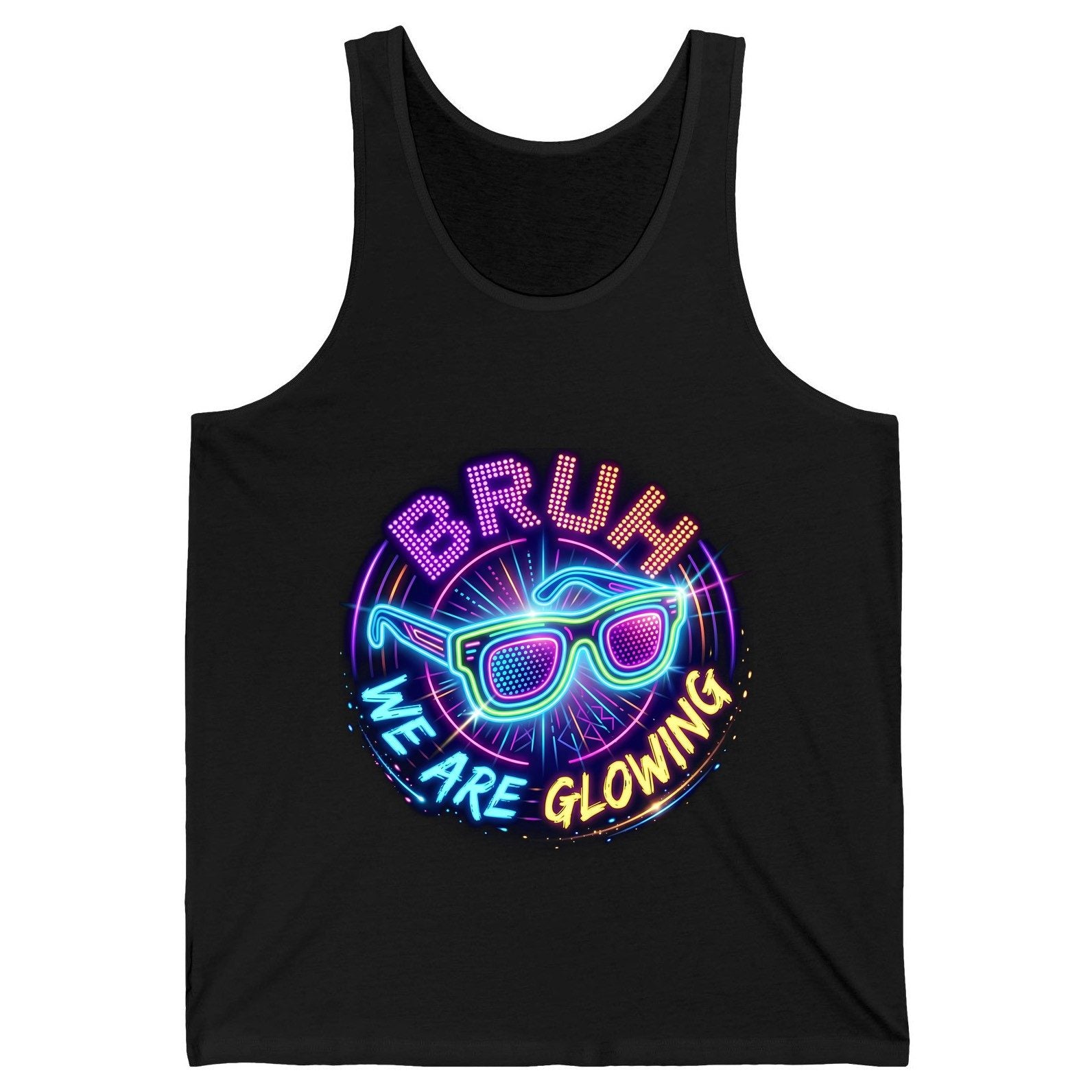 BRUH WE ARE GLOWING Neon Party Tank Top Black product mockup