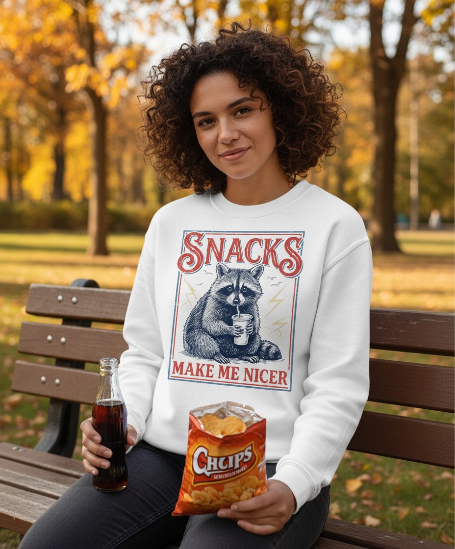 SNACKS MAKE ME NICER Funny Raccoon Sweatshirt - lifestyle model mockup - White