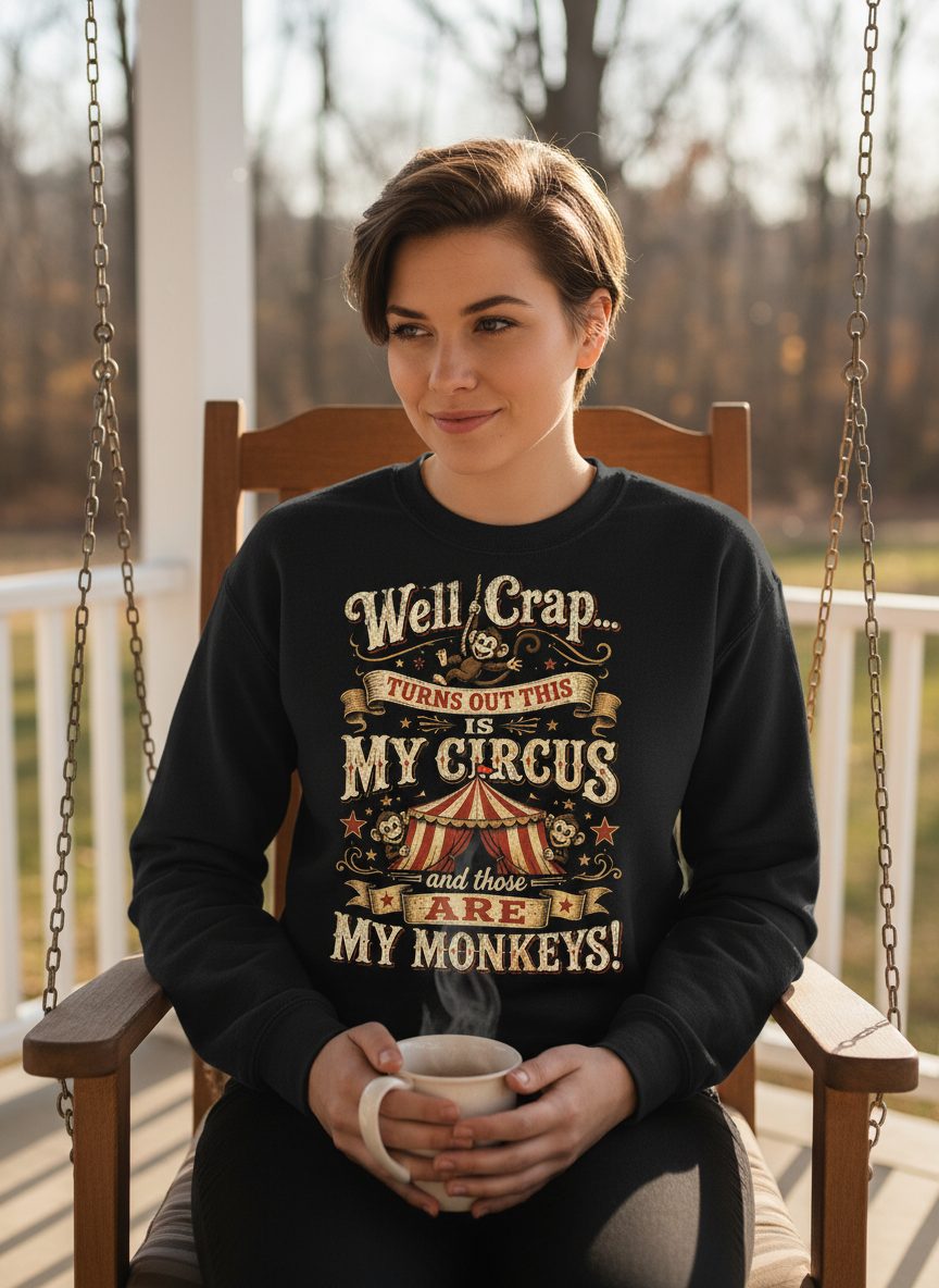 Turns Out This Is MY CIRCUS and Those Are MY Monkeys Sweatshirt - lifestyle model mockup - Black