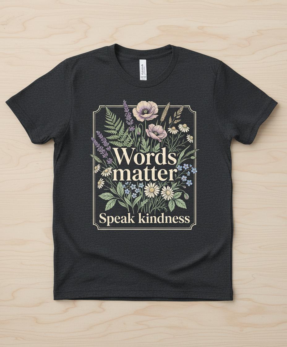 Words Matter Speak Kindness Botanical Floral Illustration T-Shirt - Dark Heather