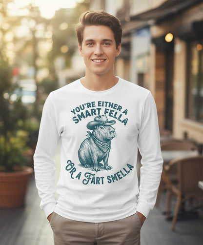 You're Either a Smart Fella or a Fart Smella capybara Long Sleeve Tee White lifestyle mockup