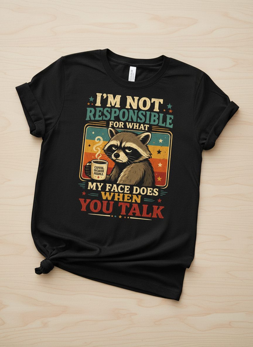 I'm Not Responsible for What My Face Does When You Talk Funny Sarcastic Raccoon T-Shirt - product mockup - Black