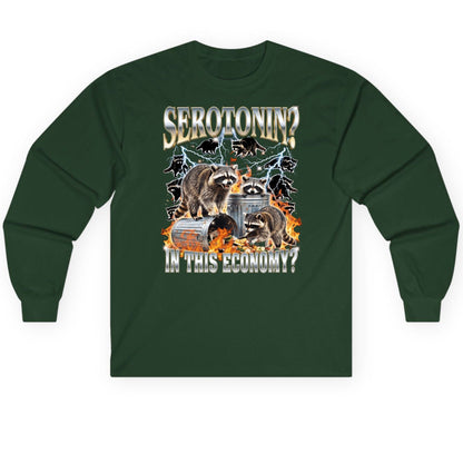 Serotonin in This Economy? raccoons Long Sleeve Tee Forest Green product mockup