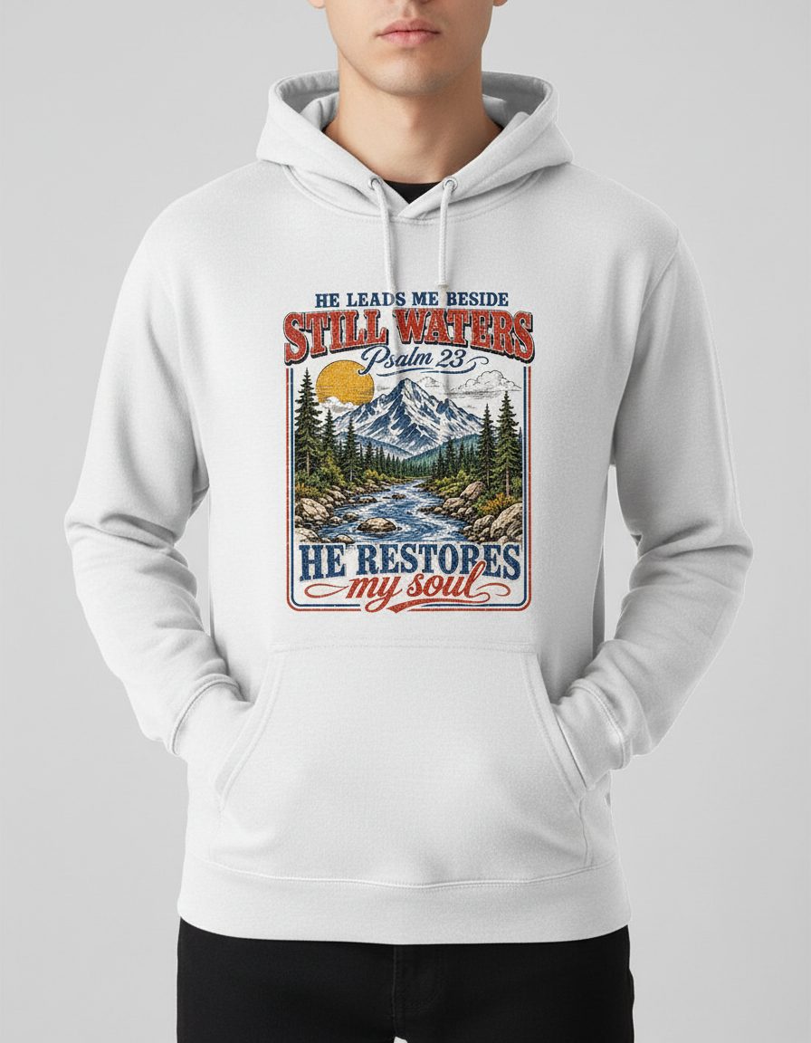 He Leads Me Beside Still Waters Psalm 23 He Restores My Soul Hoodie - product mockup - White