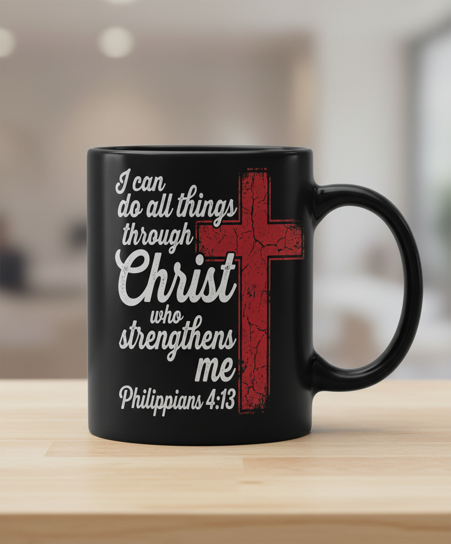 Philippians 4:13 I Can Do All Things Through Christ Christian Faith Black Mug - Black