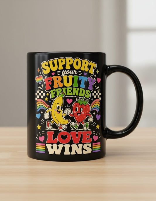 Support Your Fruity Friends Love Wins Retro Lgbtq+ Pride Black Mug - product mockup - Black