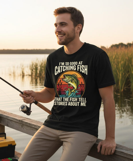 I'm So Good at Catching Fish That the Fish Tell Stories About Me fishing Youth T-Shirt Black lifestyle mockup