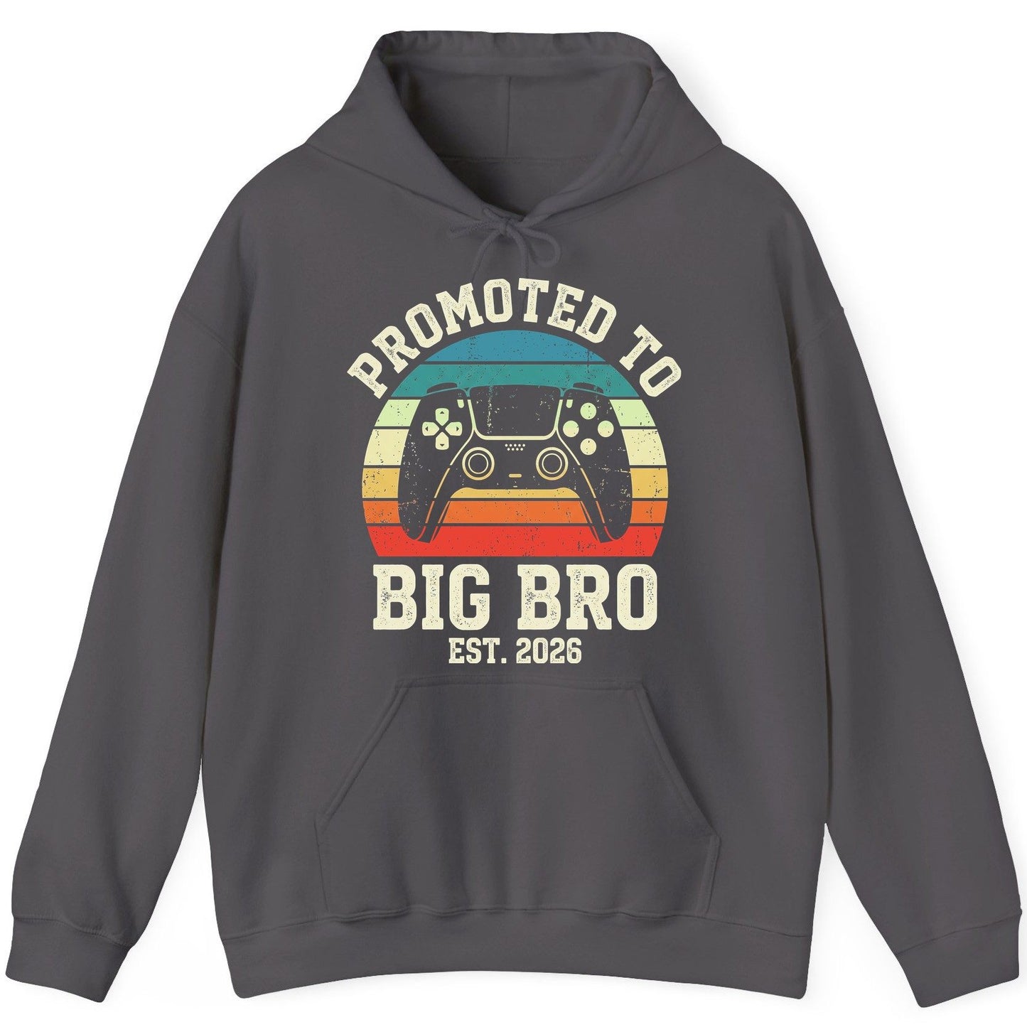 Promoted TO BIG BRO EST 2026 Retro Gaming Hoodie - product mockup - Charcoal