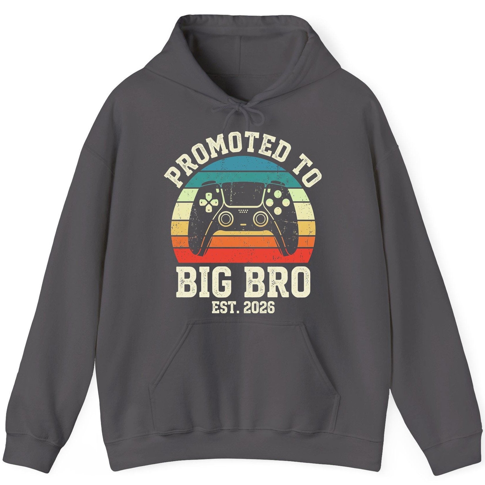 Promoted TO BIG BRO EST 2026 Retro Gaming Hoodie - product mockup - Charcoal
