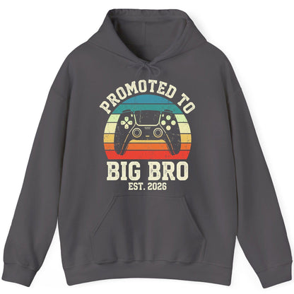 Promoted TO BIG BRO EST 2026 Retro Gaming Hoodie - product mockup - Charcoal