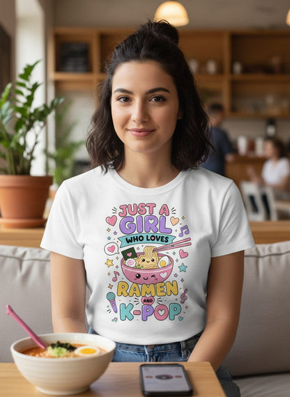 Just a Girl Who Loves Ramen and K-Pop Fans T-Shirt - lifestyle model mockup - White