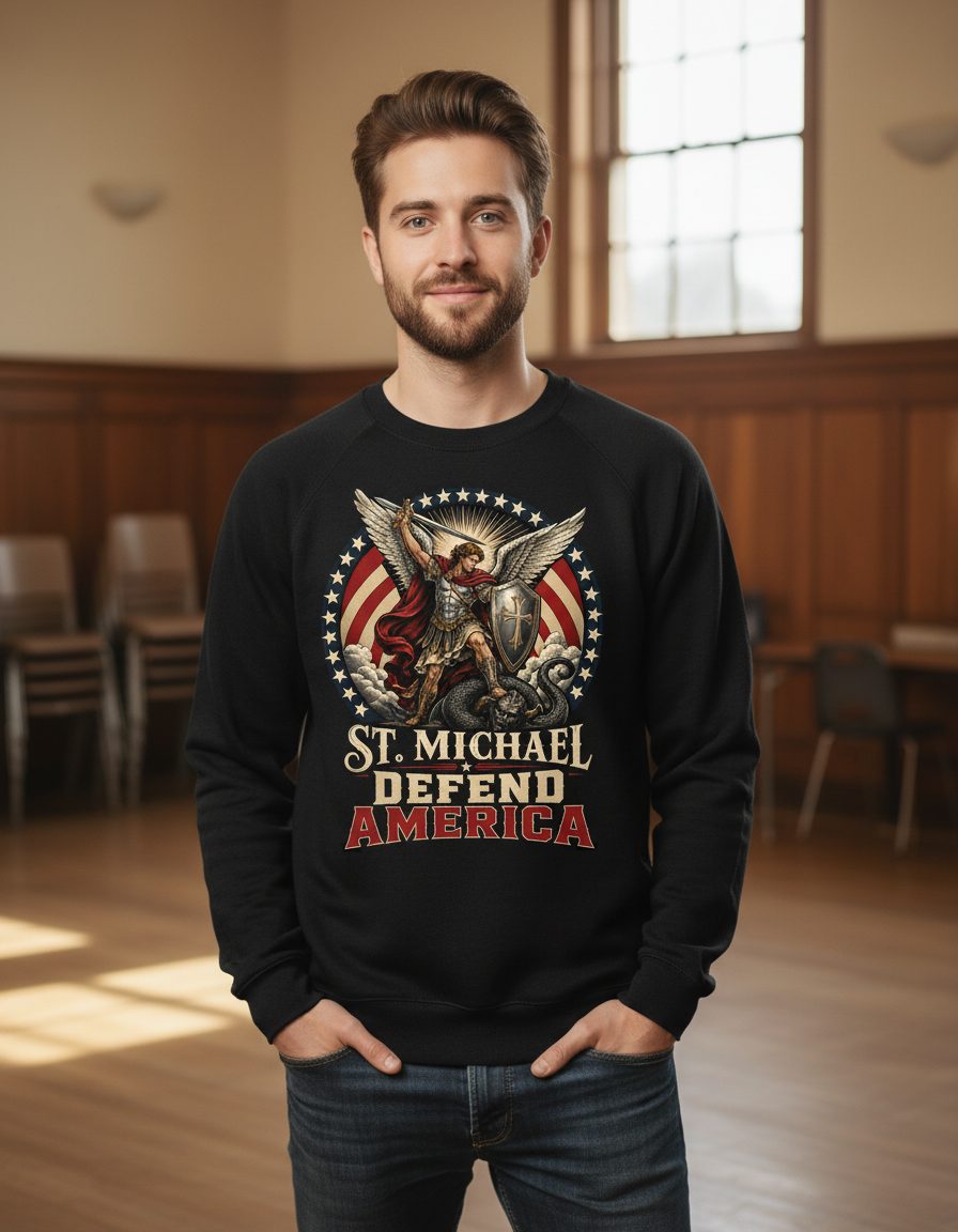 St Michael Defend America Patriotic Christian Sweatshirt - lifestyle model mockup - Black