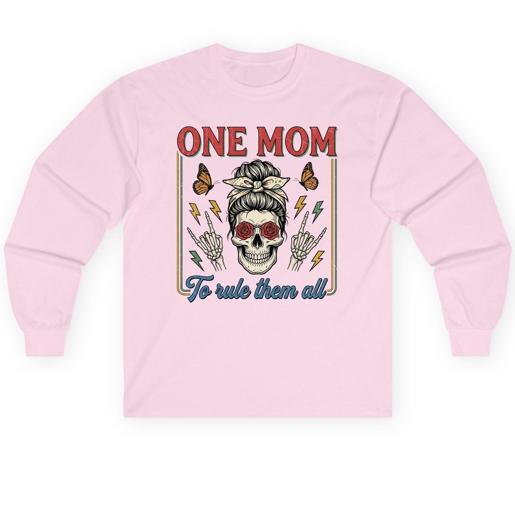 ONE MOM to Rule Them All Funny Skull Long Sleeve Tee - product mockup - Light Pink