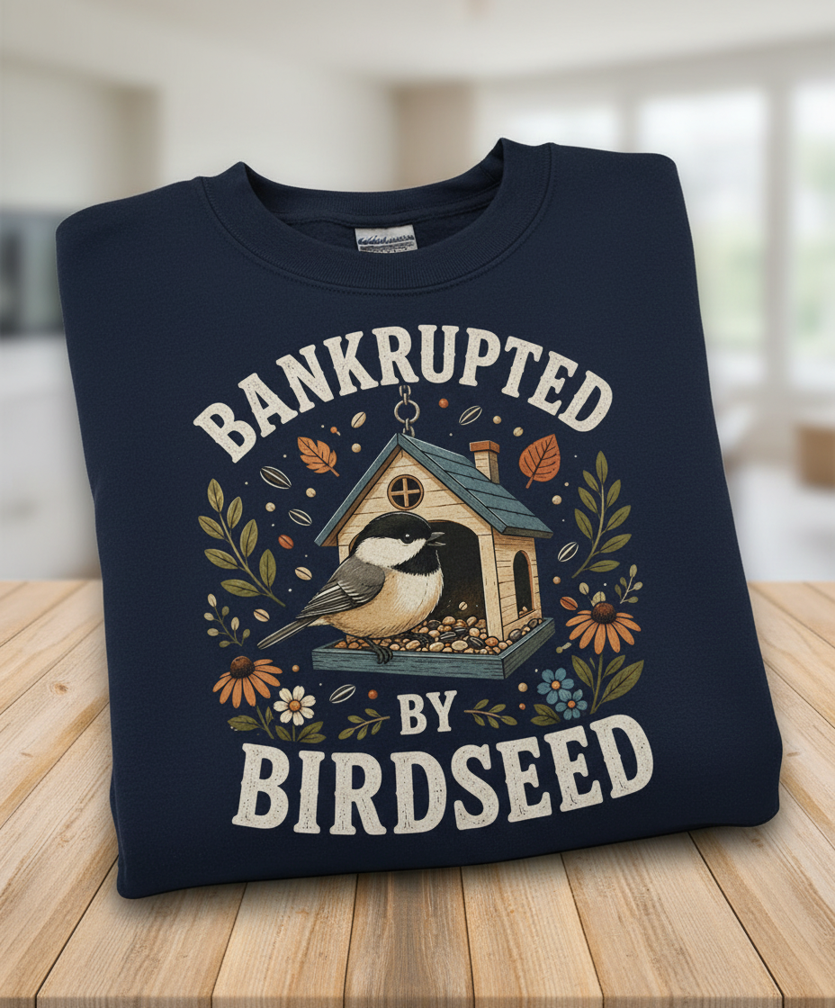 Bankrupted By Birdseed Funny Sweatshirt - product mockup - Navy