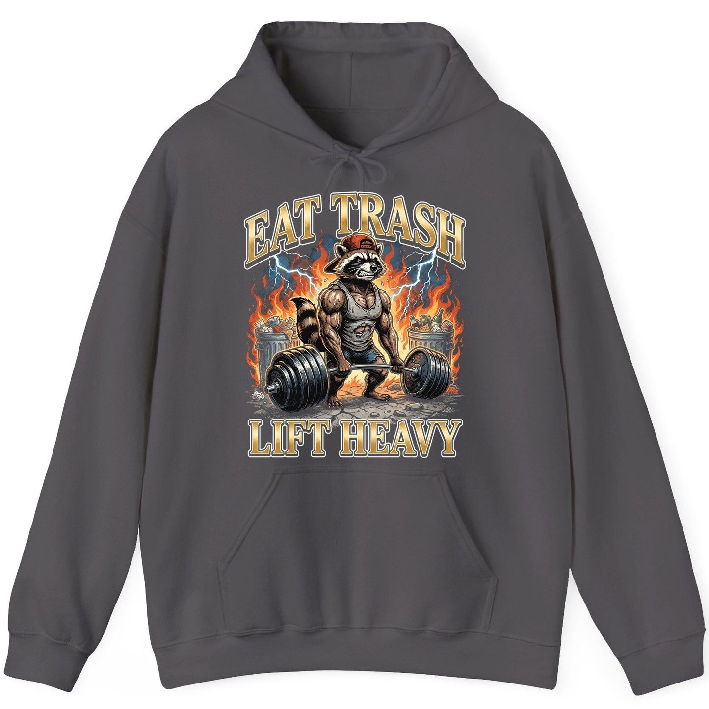 Eat Trash Lift Heavy raccoon Hoodie Charcoal product mockup