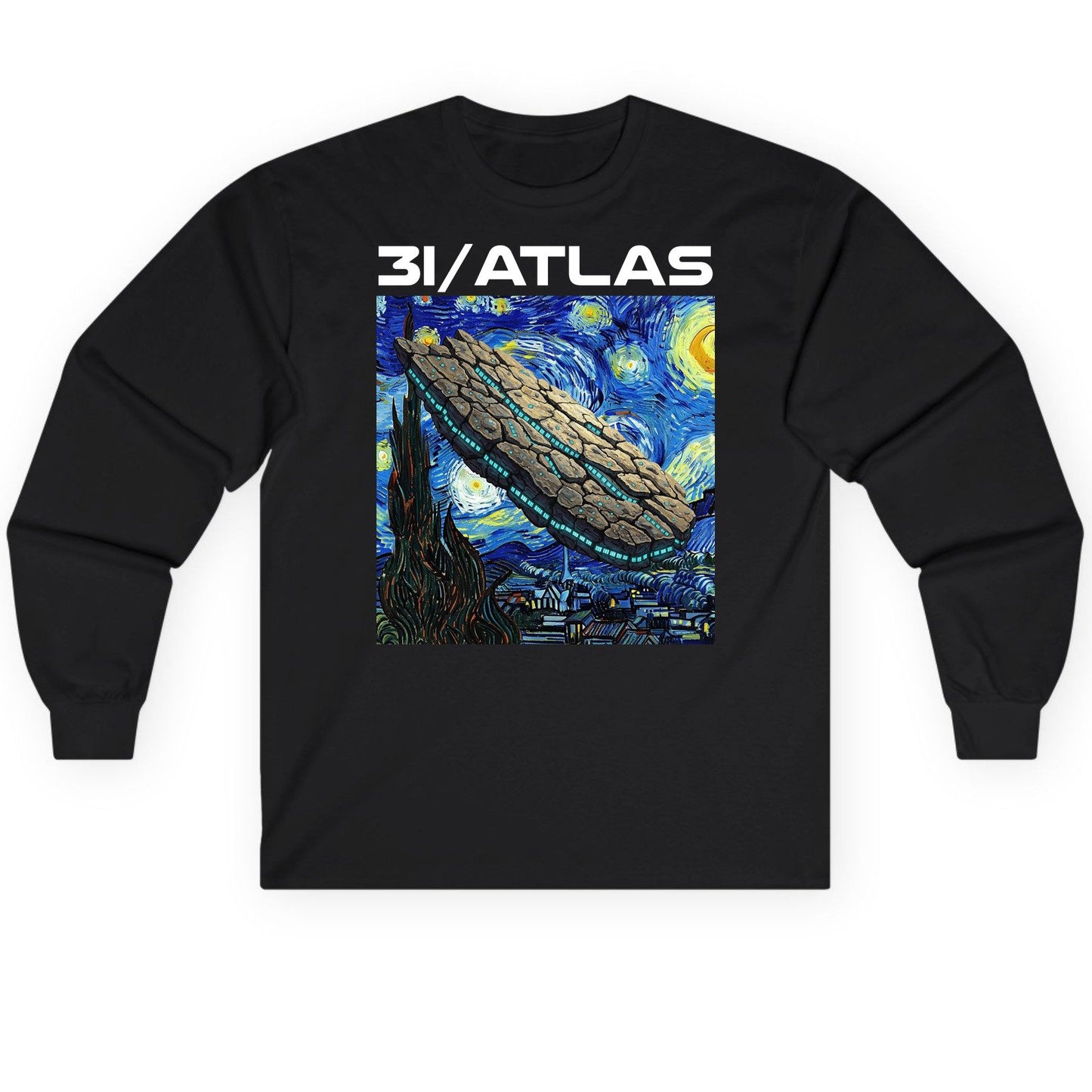31 Atlas van gogh sci-fi mashup Long Sleeve Tee Black product mockup