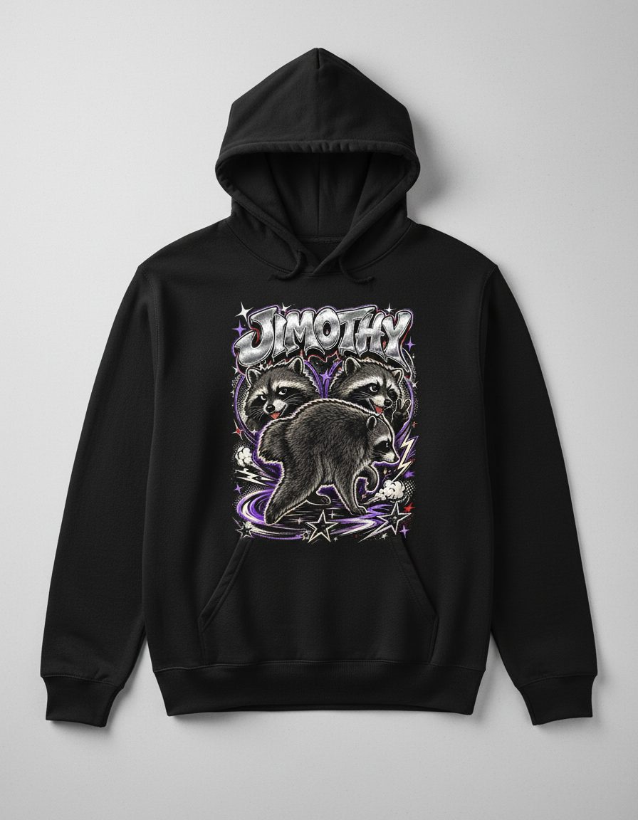 Jimothy Funny Raccoon Hoodie - product mockup - Black