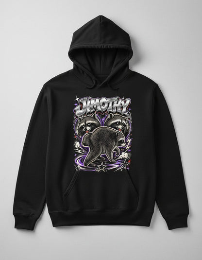 Jimothy Funny Raccoon Hoodie - product mockup - Black