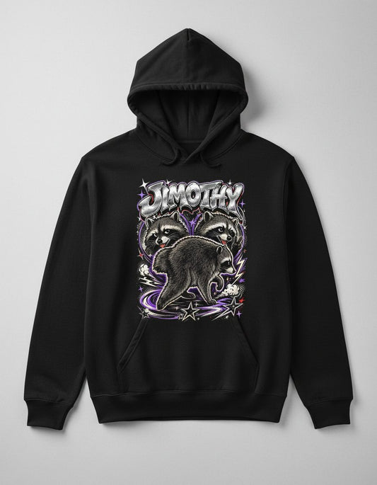 Jimothy Funny Raccoon Hoodie - product mockup - Black