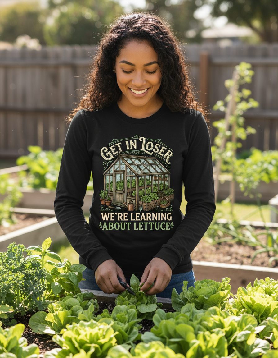 GET IN LOSER WE'RE Learning ABOUT Lettuce Long Sleeve Tee - lifestyle model mockup - Black