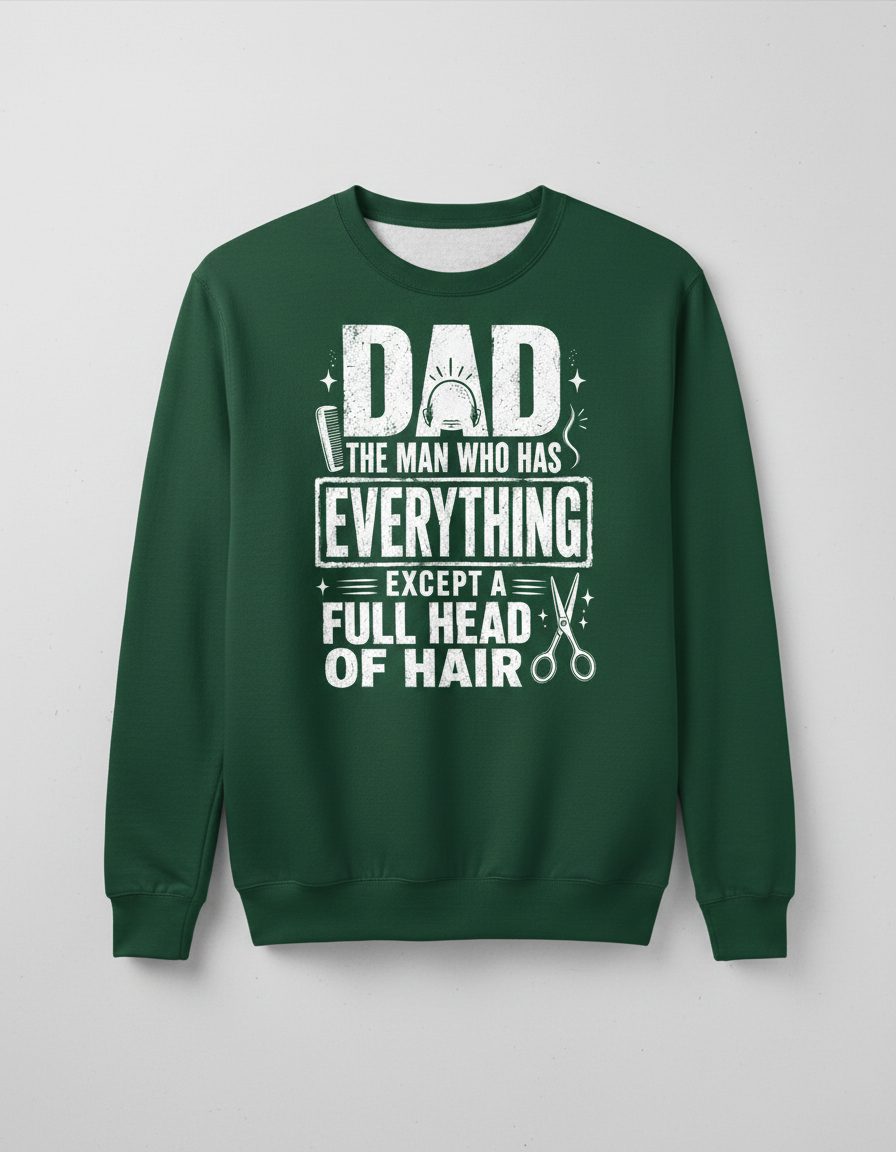 Dad the Man Who Has Everything Except a Full Head of Hair Funny Humor Sweatshirt - product mockup - Forest Green
