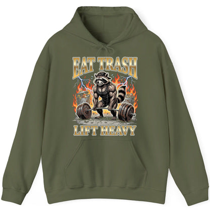 Eat Trash Lift Heavy weightlifting raccoon Hoodie Military Green product mockup