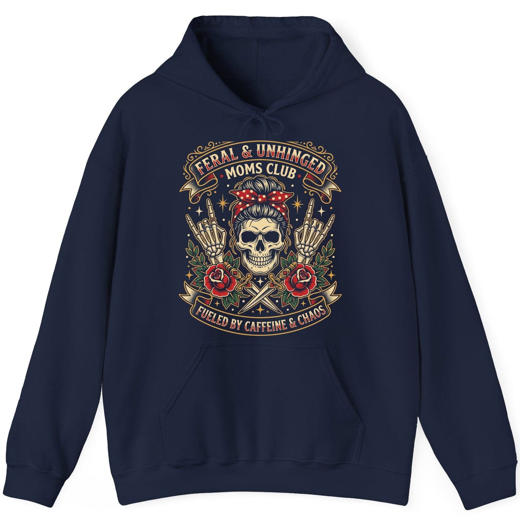 Feral & Unhinged Moms Club Fueled by Caffeine & Chaos Hoodie - product mockup - Navy