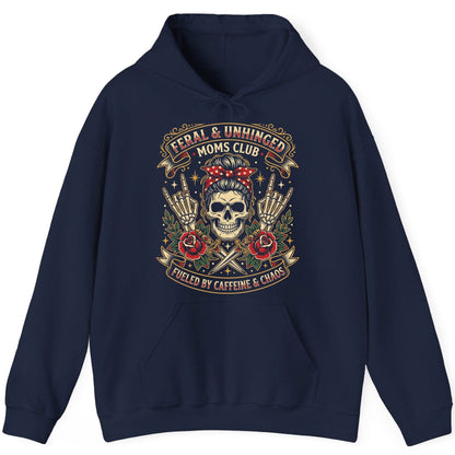 Feral & Unhinged Moms Club Fueled by Caffeine & Chaos Hoodie - product mockup - Navy