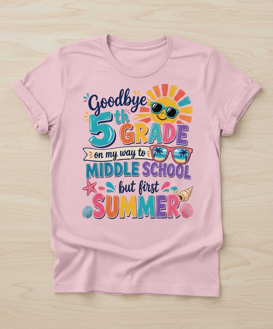 Goodbye 5th GRADE on My Way to MIDDLE SCHOOL but First SUMMER T-Shirt - product mockup - Light Pink
