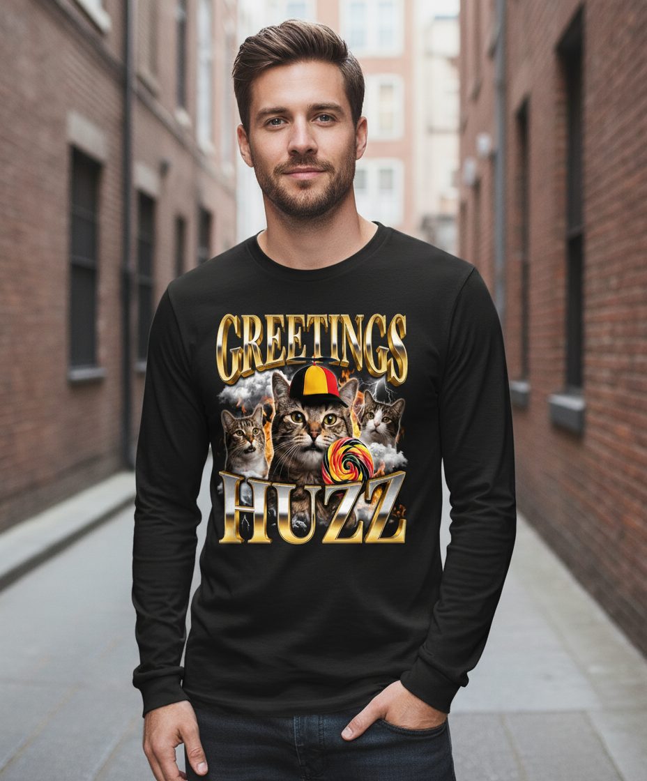 Greetings HUZZ Funny Cats Long Sleeve Tee - lifestyle model mockup - Black