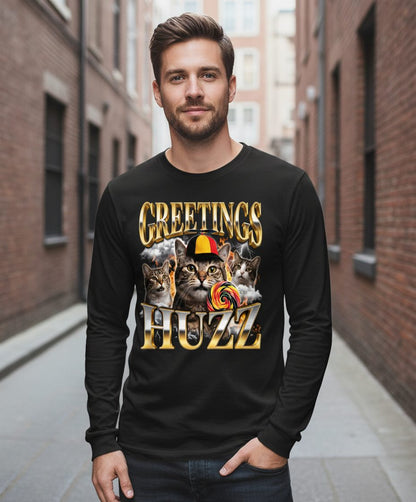 Greetings HUZZ Funny Cats Long Sleeve Tee - lifestyle model mockup - Black