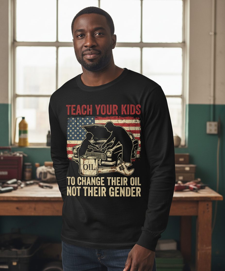 Teach Your Kids to Change Their Oil Not Their Gender car mechanic Long Sleeve Tee Black lifestyle mockup