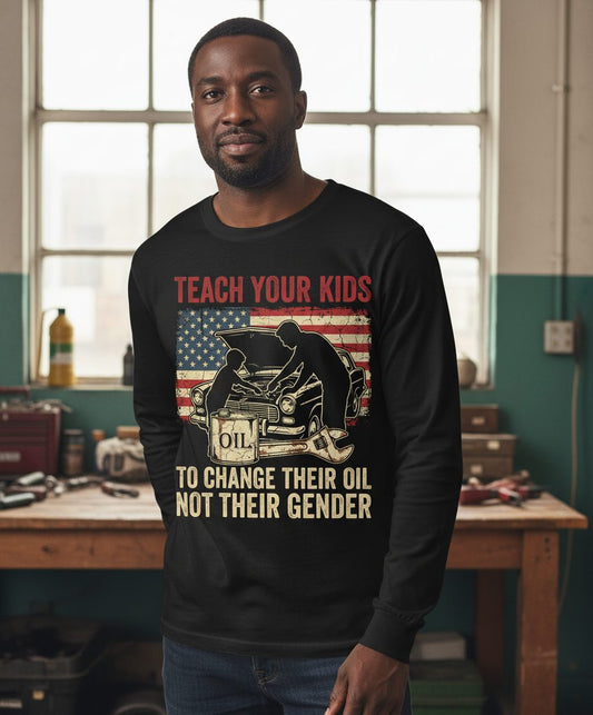 Teach Your Kids to Change Their Oil Not Their Gender car mechanic Long Sleeve Tee Black lifestyle mockup