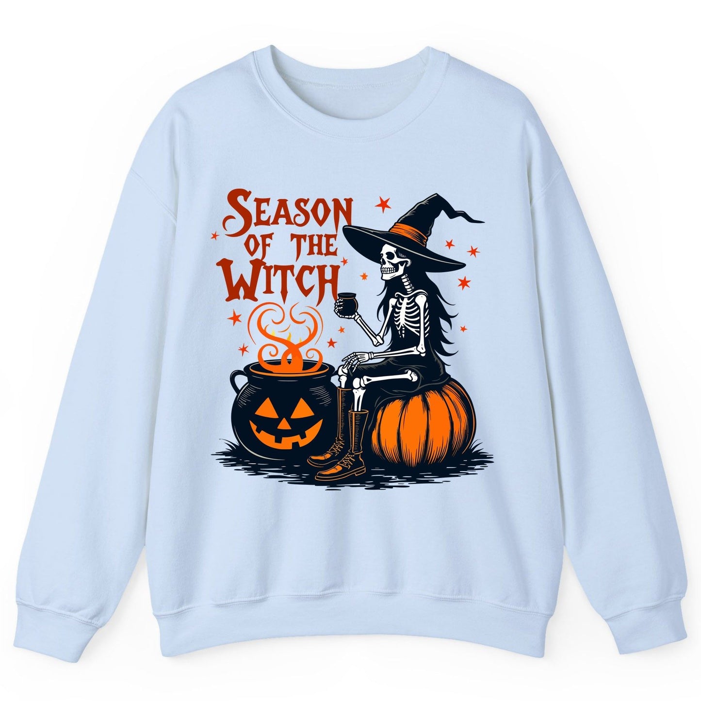 Season of the Witch skeleton witch Sweatshirt Light Blue product mockup